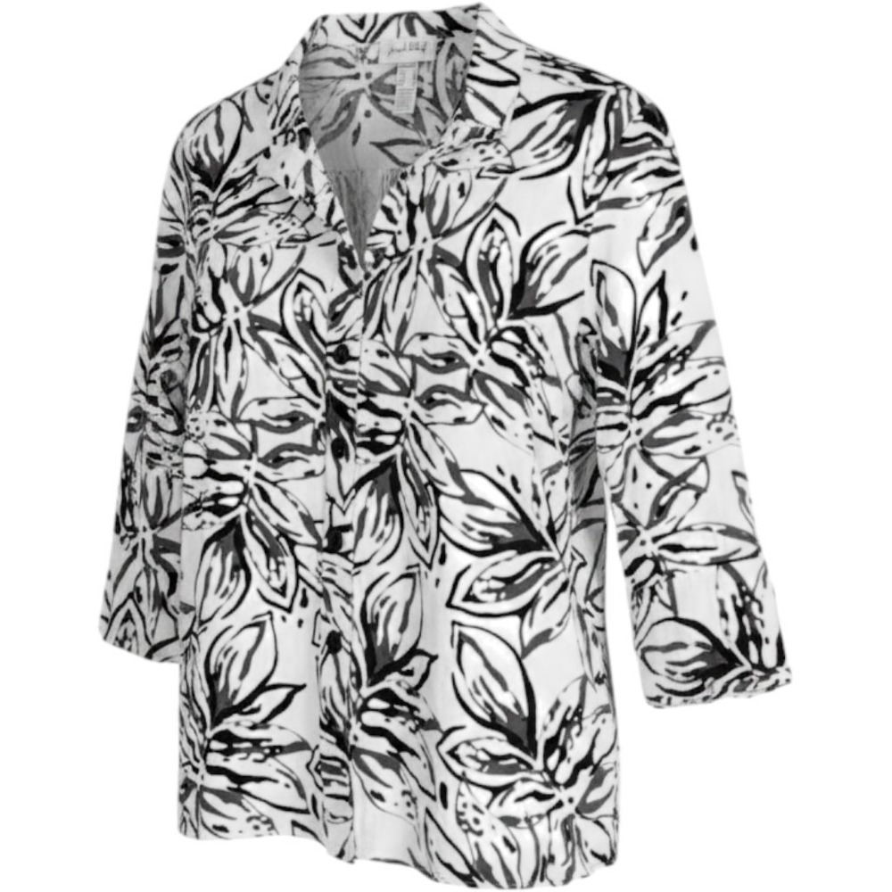 Joseph Ribkoff Button Up Blouse Womens 16 Black White Abstract‎ Ruffle Zipper